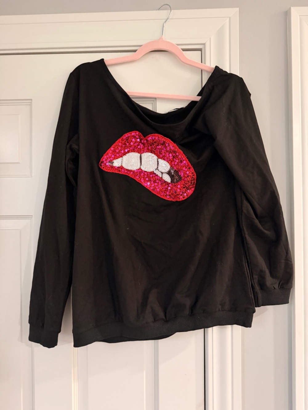 Magic Black Sweatshirt with Red and White Sequin Lip Off the Shoulder